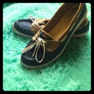 Keds, blue and tan striped sandals size 10